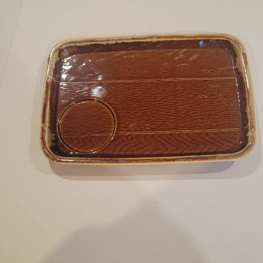 Vintage Brown Ceramic Tray Plate with cut for Cup Holder Made in USA